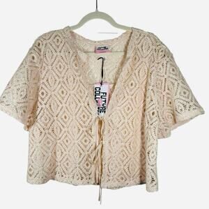 Future Collective with Alani Noelle Women's Short Sleeve Tie-Front Crochet Shirt